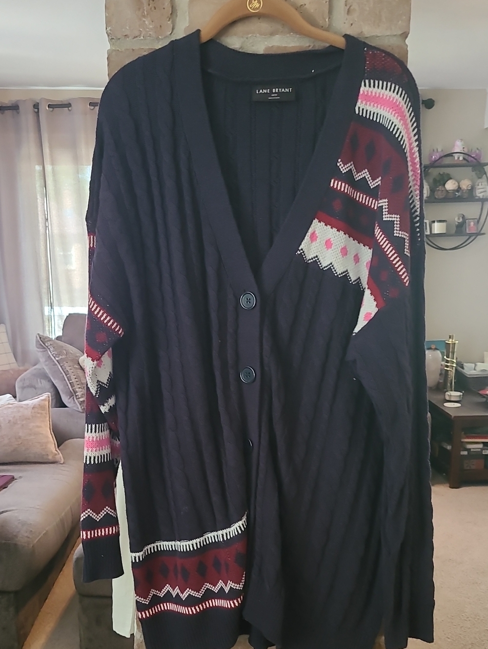 Lane Bryant Navy and Berry Patterned Cable-Knit Boyfriend Cardigan